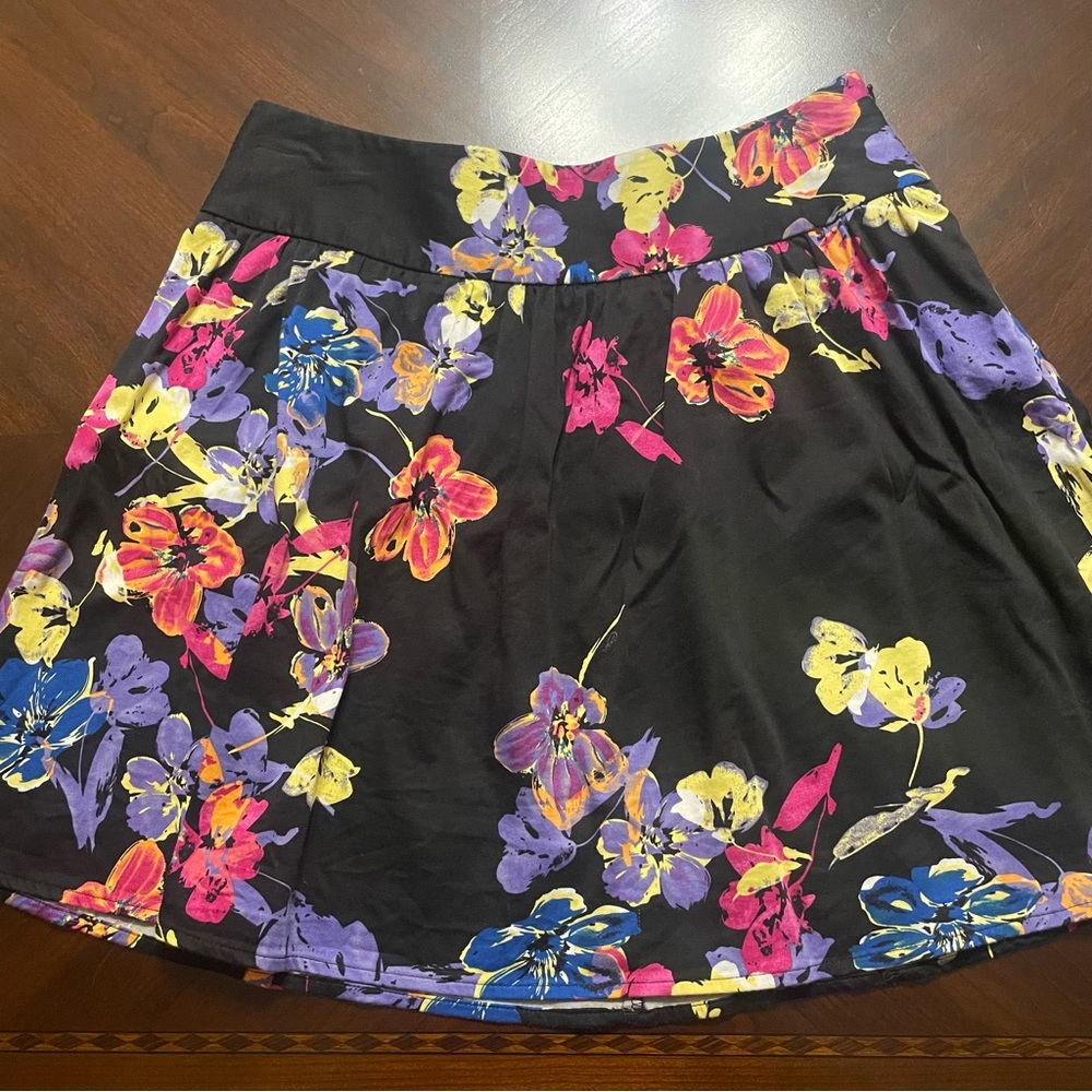 Candie’s Black, Pink, Purple, Blue, and Yellow Floral Pleated Skirt